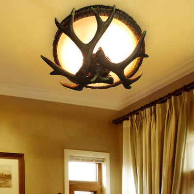 Vintage Industrial Antler Resin Glass Round  2/3/5 Light Flush Mount Ceiling Light