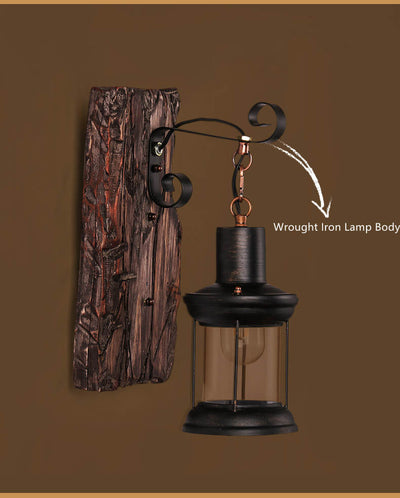 Glass Iron Wooden Base 1-Light Cylinder Sconce Lamp