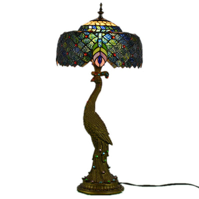 Vintage Tiffany Peacock Gem Dome Glass Resin 1-Light Table Lamp