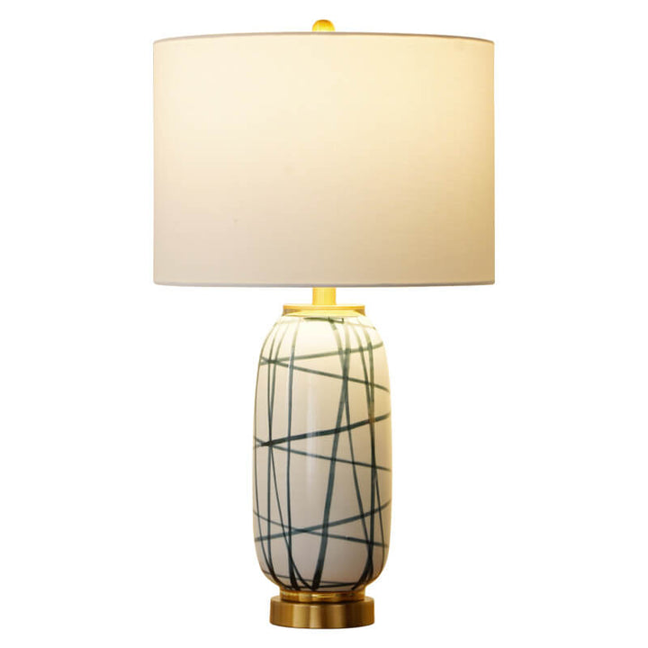 Modern Luxury Fabric Ceramic Hardware Green Striped Ceramic Drum Fabric 1-Light Table Lamp for Bedroom