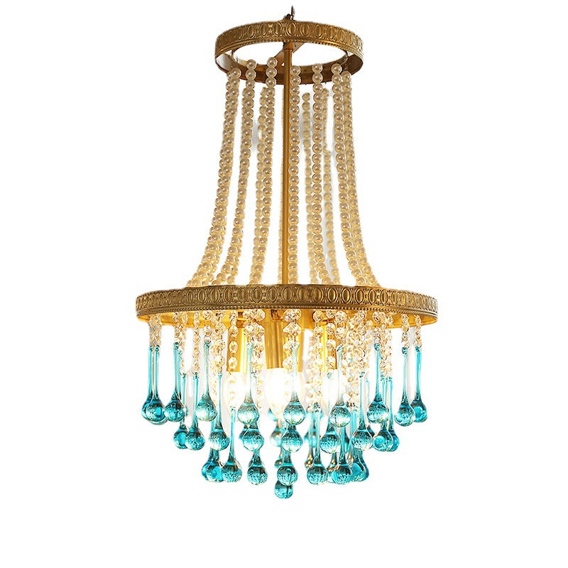 Lámpara de araña ovalada multicapa de cristal y hierro de lujo contemporáneo de 4 luces para sala de estar y dormitorio 