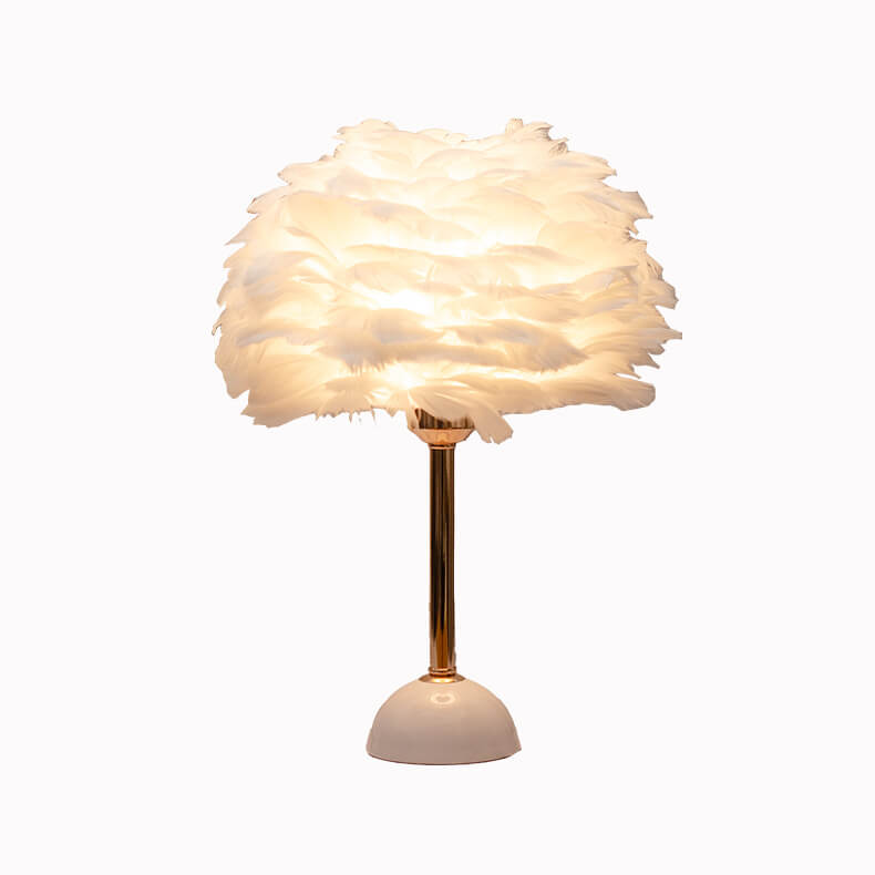 Modern Art Deco Feather Iron Round Shade Gold Pole 1-Light Table Lamp for Bedroom