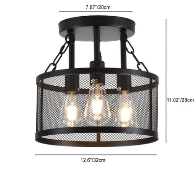 Industrial Vintage Round Grid Iron 3-Light Semi-Flush Mount Ceiling Light