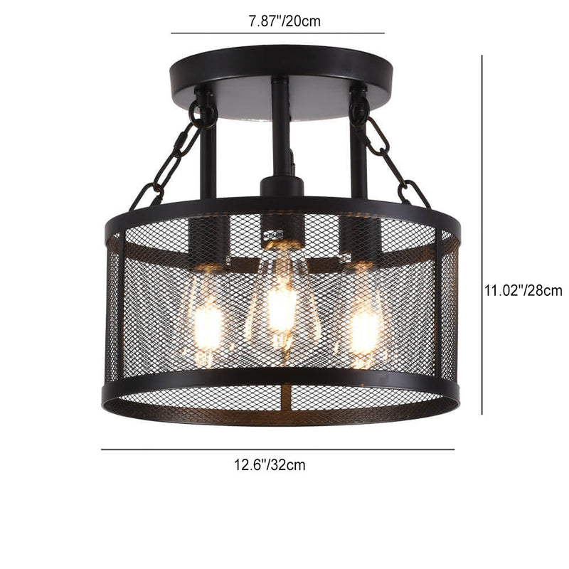 Industrial Vintage Round Grid Iron 3-Light Semi-Flush Mount Ceiling Light