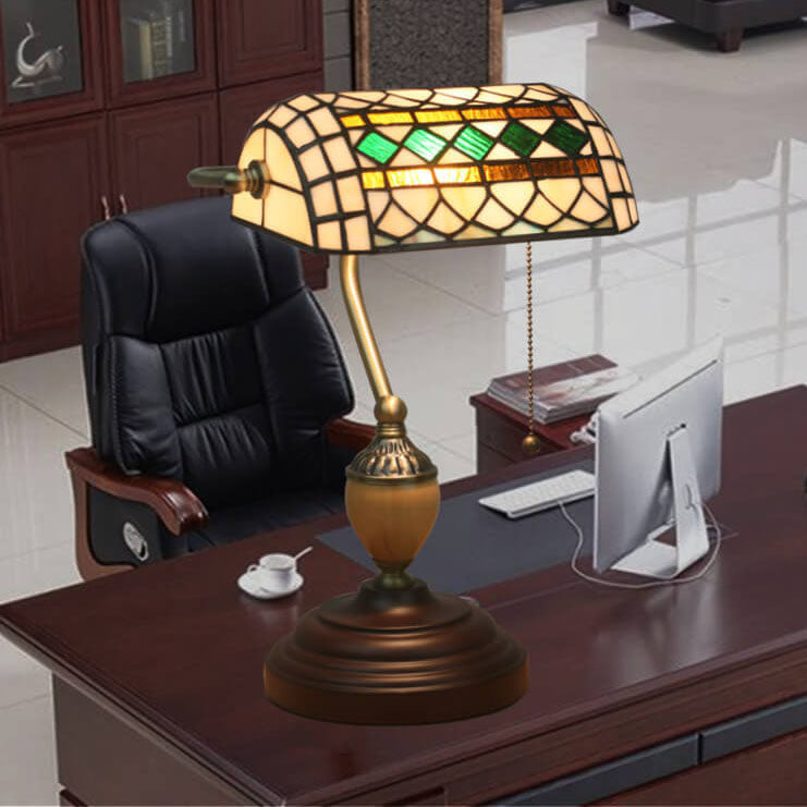 Lampe de table de banque vintage Tiffany Diamond Line en verre teinté à 1 lumière 