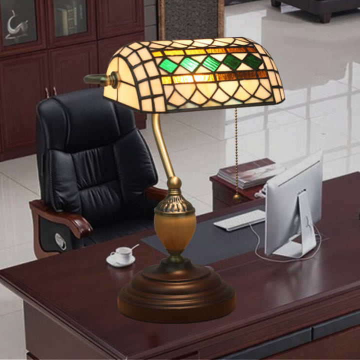 Lampe de table de banque vintage Tiffany Diamond Line en verre teinté à 1 lumière 