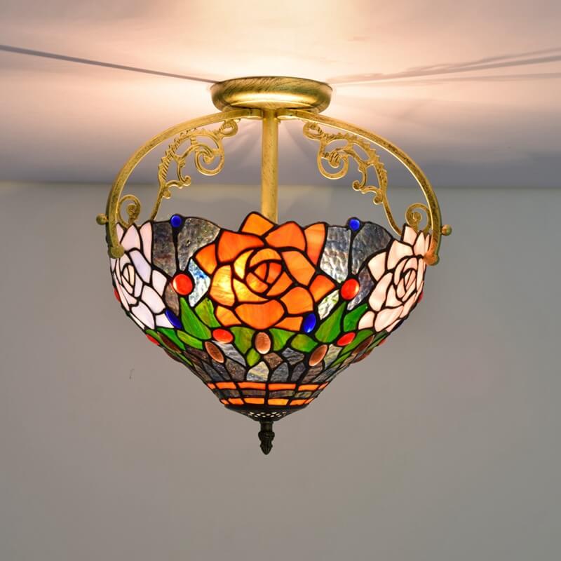 Tiffany European Stained Glass Rose Design 2-Light Semi-Flush Mount Light