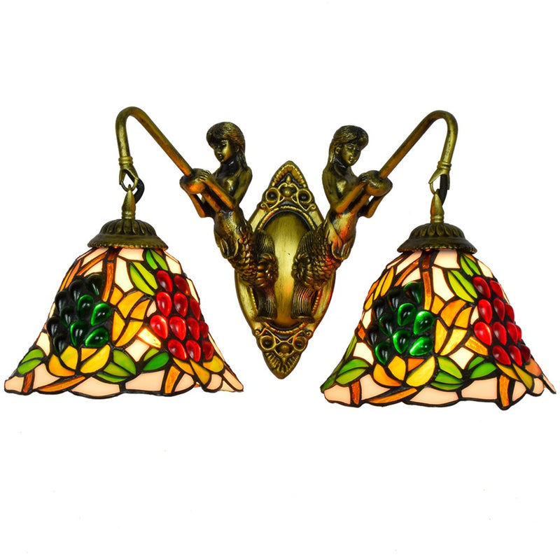 Tiffany Grape Stained Glass Bell Mermaid 2-Light Wall Sconce Lamp