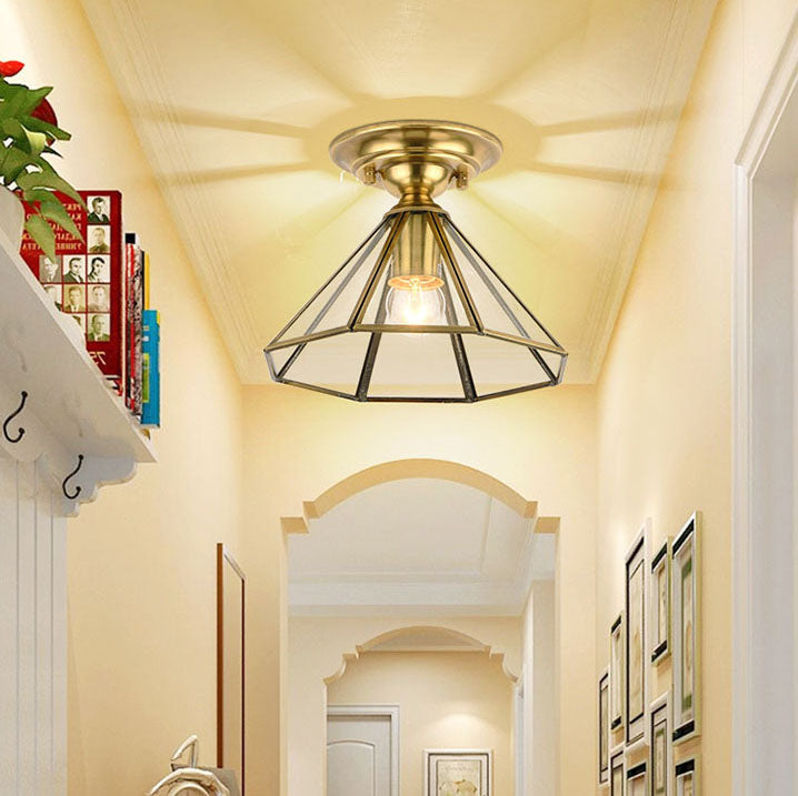 European Luxury Brass Glass Cone 1-Light Semi-Flush Mount Ceiling Light