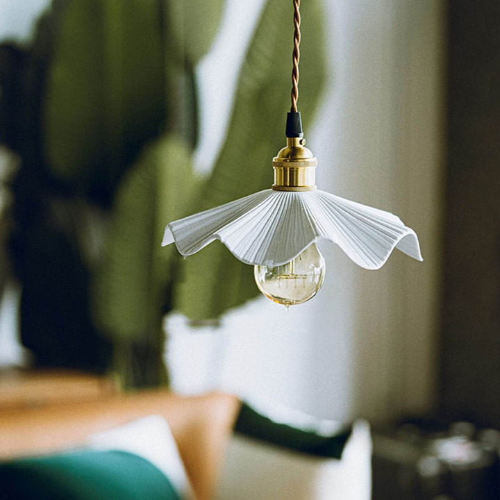 Traditional Vintage Ceramic Waves Scalloped Copper 1-Light Pendant Light For Living Room