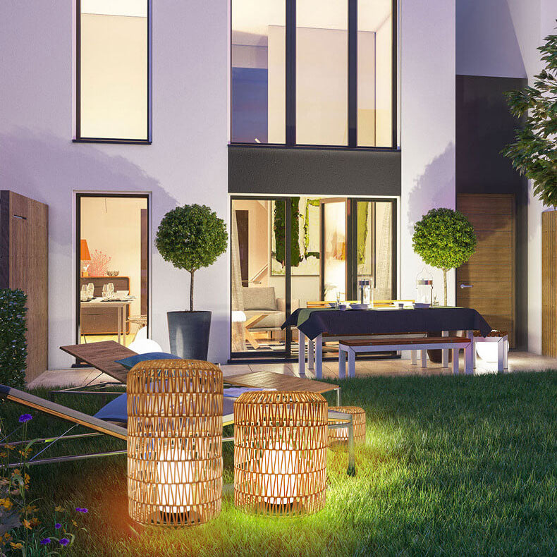 Lámpara de pie para jardín exterior de 1 luz, impermeable, con columna de ratán de plástico de estilo japonés tradicional 