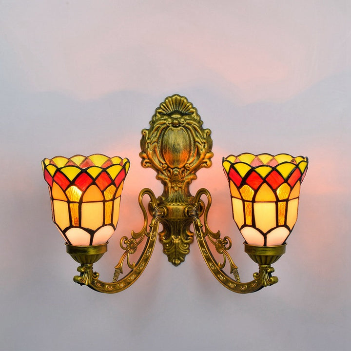 Traditionelle Tiffany-Wandleuchte mit Schirm aus Buntglas im Gitterdesign, Eisen und Harz, 2-flammig, für Wohnzimmer &amp; Schlafzimmer 