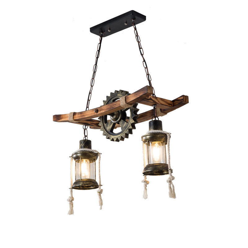 Retro Industrial Gear Iron Wooden Twine 2-Light Island Light Chandelier