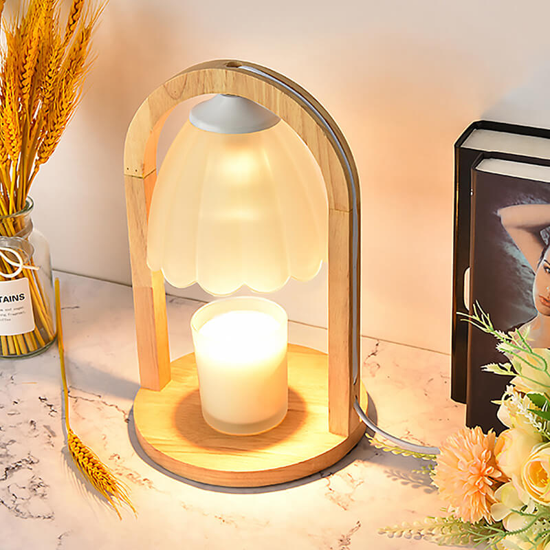 Lampe de Table à Cire Fondue avec Abat-jour en Verre et Anneau en Bois Moderne à Intensité Variable 1 Lumière 