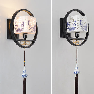 Modern Chinese Fabric Circle Locket 1- Light Wall Sconce Lamp