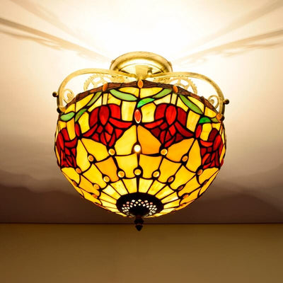 European Tiffany Red Tulip Stained Glass 2-Light Semi-Flush Mount Ceiling Light