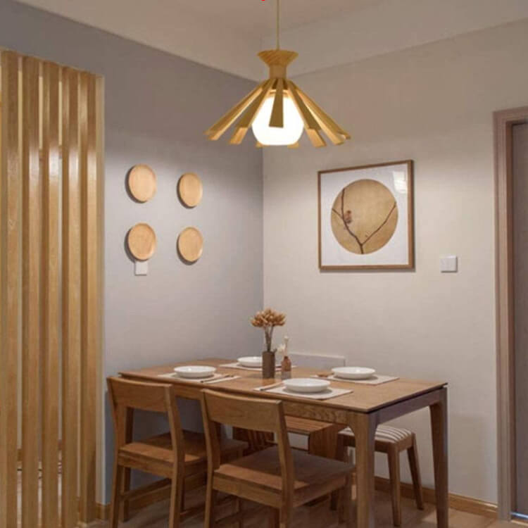 Traditional Japanese Round Wood 1-Light Pendant Light For Bedroom