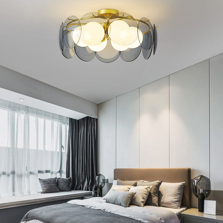 Modern Mid-Century Golden Finish Frame Glass Ball Shade 4/6-Light Semi-Flush Mount Ceiling Light For Living Room