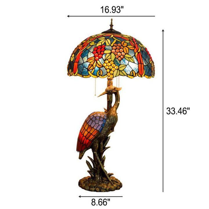 Tiffany Vintage Crane Base Colored Grape Glass Lampshade Design 3-Light Table Lamp