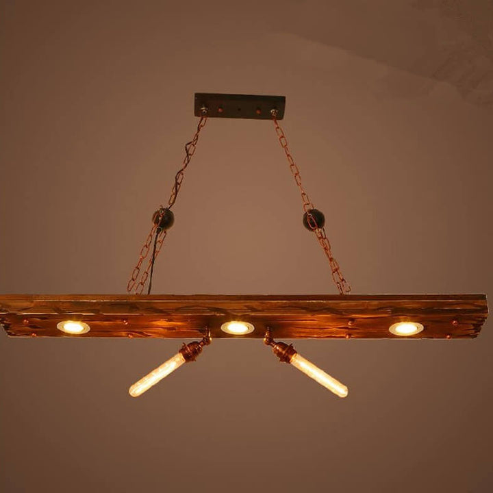 Lámpara de araña rectangular de madera y hierro industrial retro de 5 luces para isla 