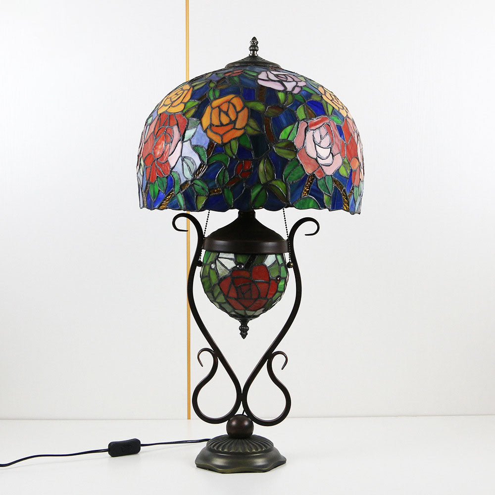 Traditional Tiffany Floral Stained Glass Iron Resin Round Pot 3-Light Table Lamp For Bedroom