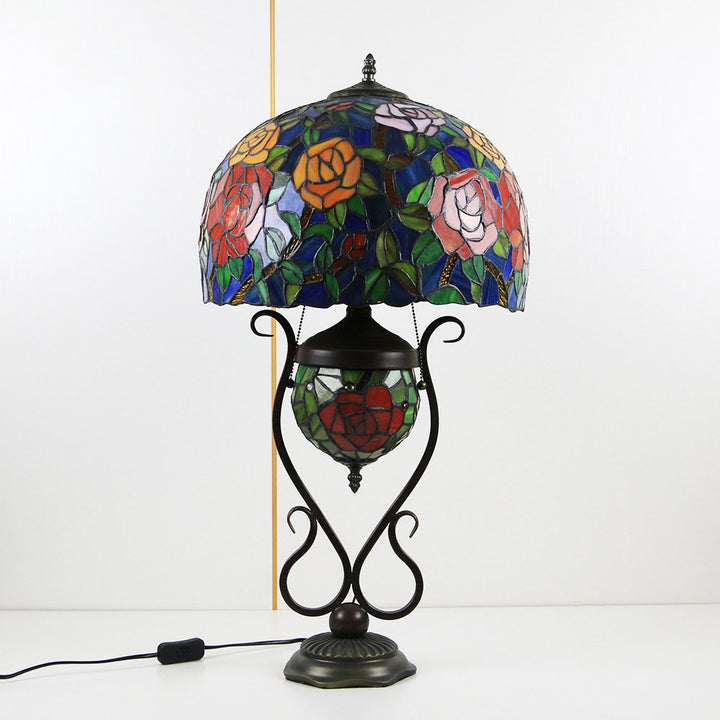 Traditional Tiffany Floral Stained Glass Iron Resin Round Pot 3-Light Table Lamp For Bedroom