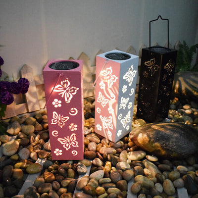 Solar Butterfly Rose Pattern Hollow Column LED Outdoor Waterproof Decorative Light