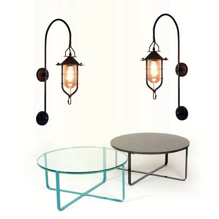 Contemporary Industrial Iron Glass Cage Curved Arm 1-Light Wall Sconce Lamp For Living Room &amp; Bedroom