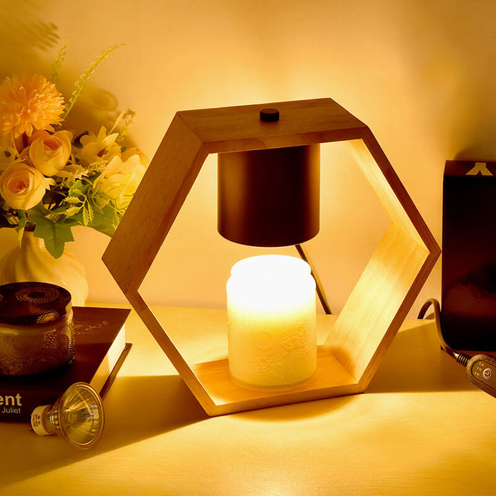 Zeitgenössische nordische sechseckige Tischlampe aus Holz und Metall mit 1 Flamme und schmelzendem Wachs für das Schlafzimmer 