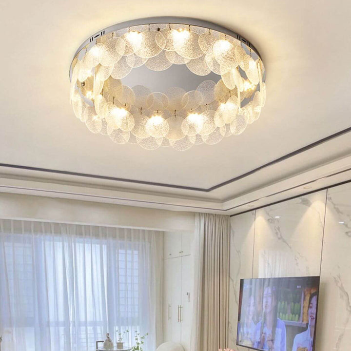 Zeitgenössische Luxus-Deckenleuchte aus Edelstahlrahmen mit Wasserstrukturglas, rundem Blatt und 8 Lichtern für das Wohnzimmer 