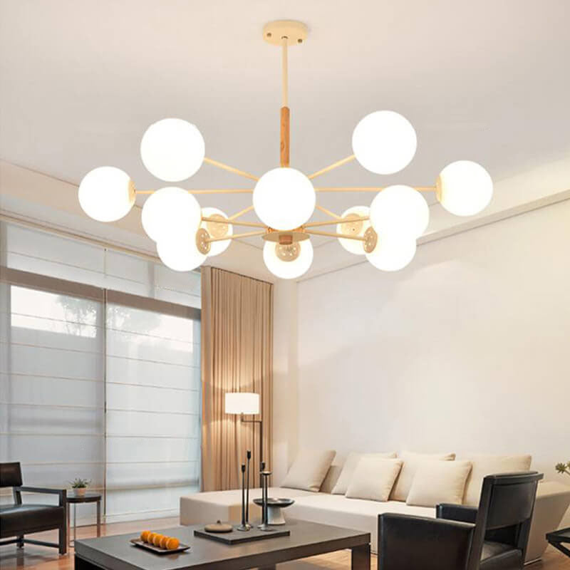 Contemporary Nordic Log Magic Bean Rubberwood Iron Glass 6/8/12/16-Light Chandelier For Living Room &amp; Bedroom