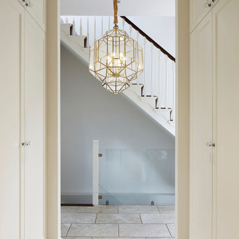 Modern Mid-Century Brass Finish Geometric Polygonal Frame Candelabra 6-Light Chandelier For Entryway