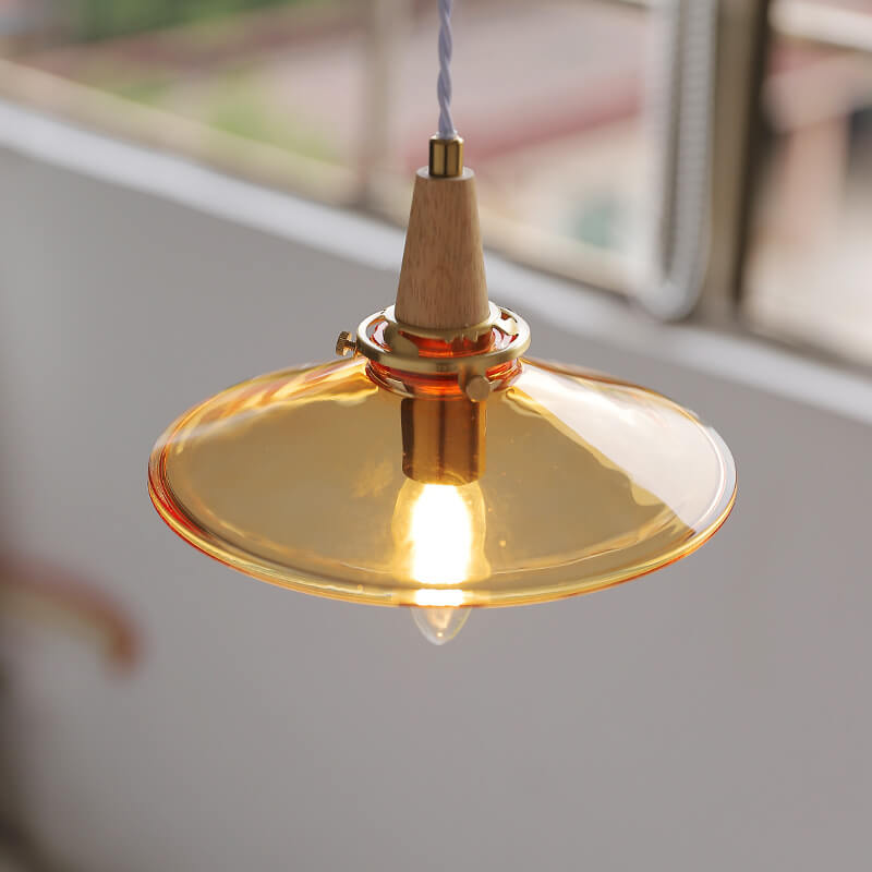 Vintage Orange Glass Cone Solid Wood 1-Light Pendant Light