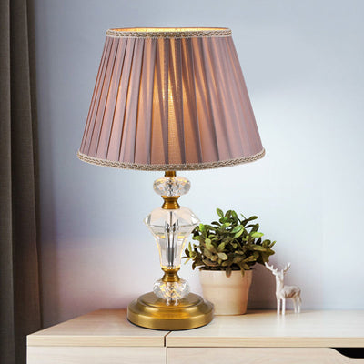 European Vintage Crystal Pillar Base Fabric 1-Light Table Lamp