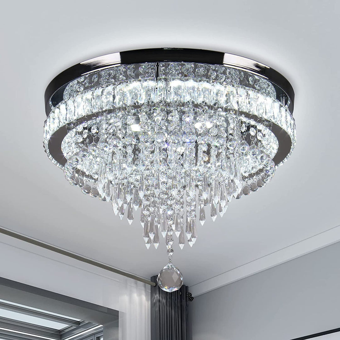 Moderne luxuriöse LED-Deckenleuchte mit Kristall, Edelstahl und rundem Quastendesign für Wohnzimmer &amp; Schlafzimmer 
