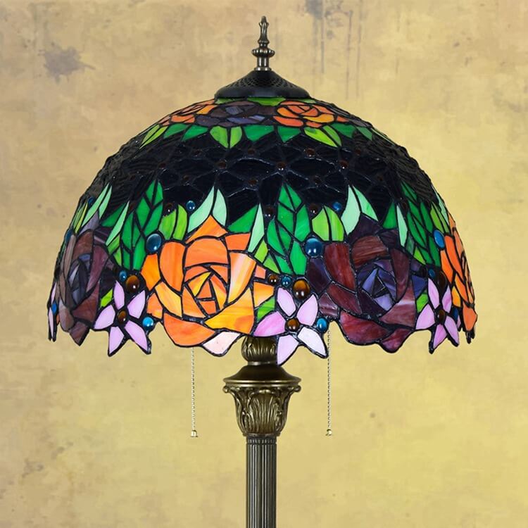 Lámpara de pie tradicional de 2 luces con pantalla redonda tipo cúpula de resina, hierro y vidrio Tiffany con rosas para sala de estar 