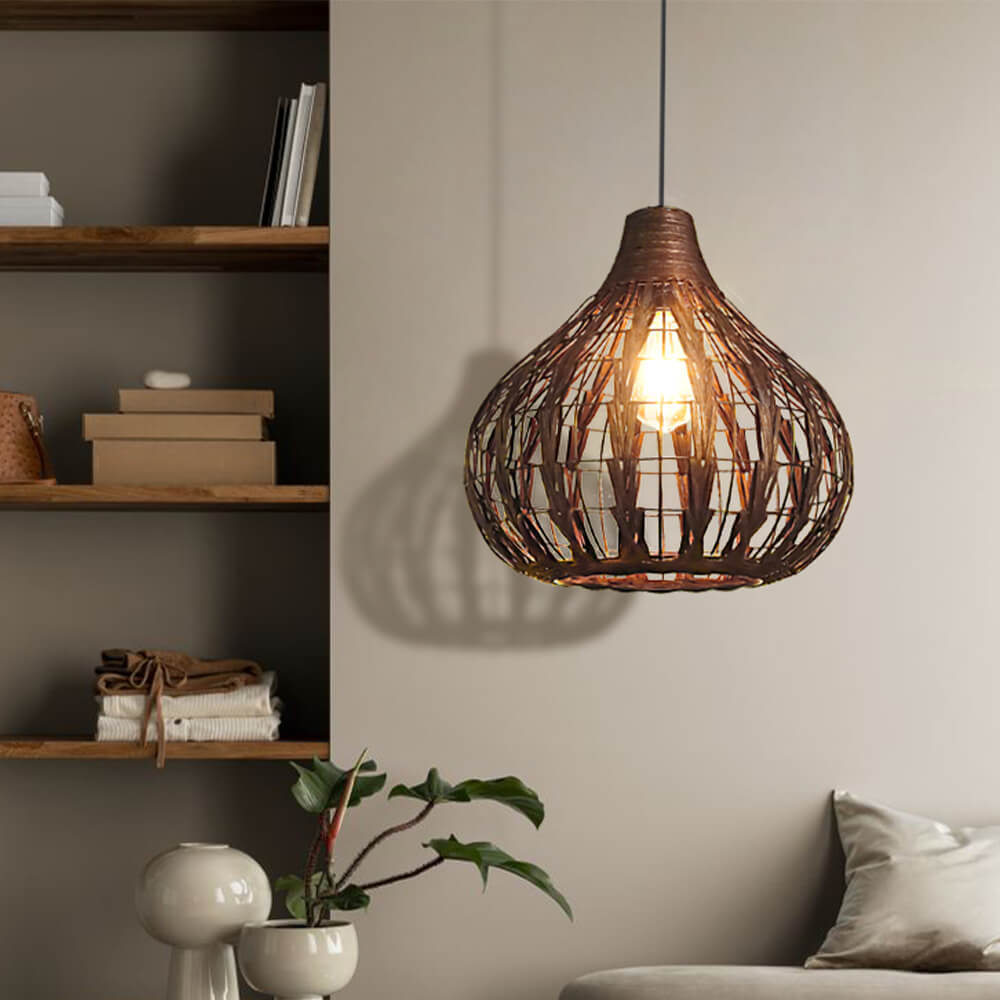 Suspension Luminaire Vintage Café Ovale en Rotin Tressé à 1 Lumière 