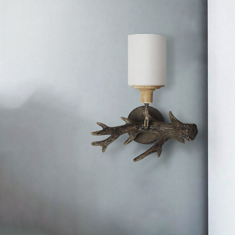 Contemporary Industrial Antler Resin Glass Cylinder 1-Light Wall Sconce Lamp For Living Room &amp; Bedroom
