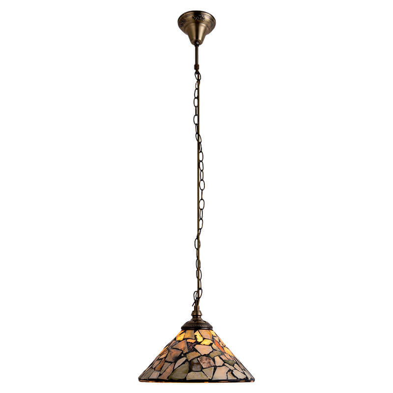 European Vintage Jade Stained Glass Cone Brass 1-Light Pendant Light