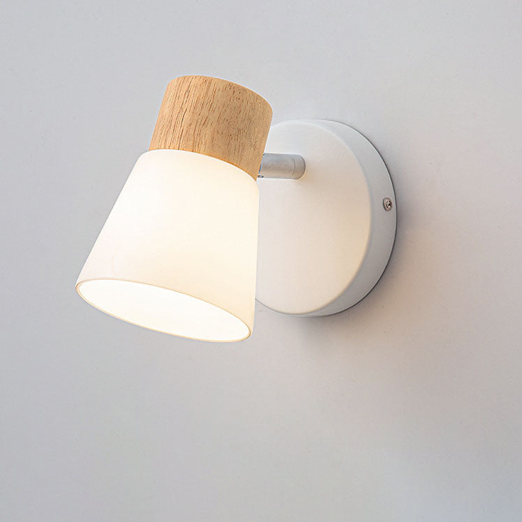 Modern Minimalist Rubberwood Glass Cone Rotatable 1/2 Light Wall Sconce Lamp For Living Room &amp; Bedroom