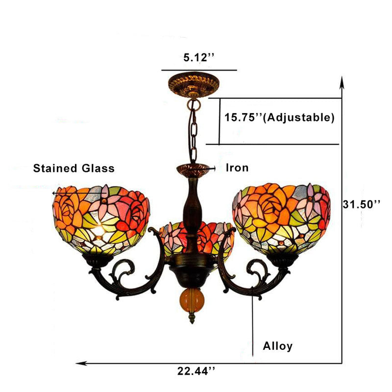 European Tiffany Showy Rose Stained Glass 3-Light Chandelier