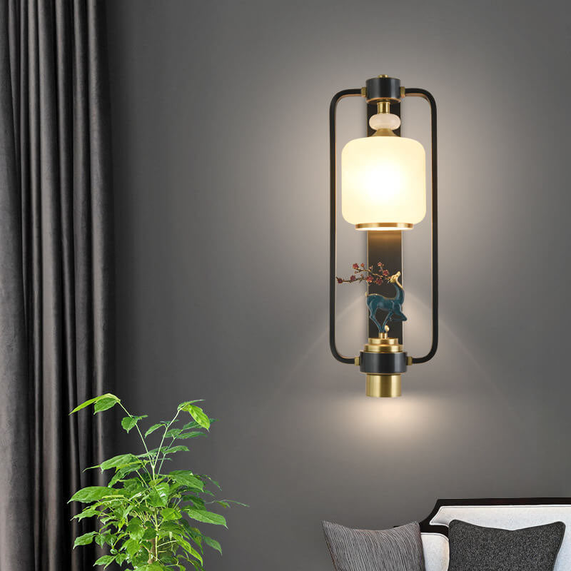 Modern Chinese Plum Deer Brass Glass Ring 2-Light Wall Sconce Lamp