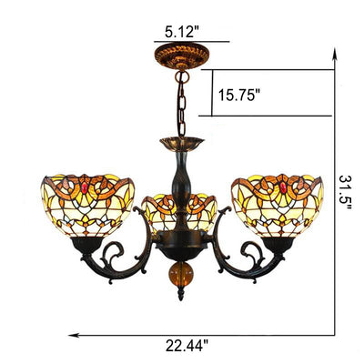 Vintage Tiffany Baroque Stained Glass 3-Light Chandelier
