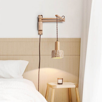 Japanese Modern Wood Retractable Folding 1-Light Wall Sconce Lamp