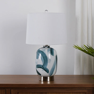 Vintage American Dome Fabric Shade Ink Ceramic Base 1-Light Table Lamp