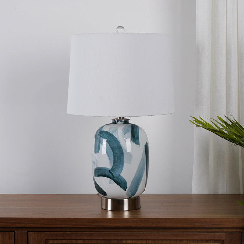 Vintage American Dome Fabric Shade Ink Ceramic Base 1-Light Table Lamp
