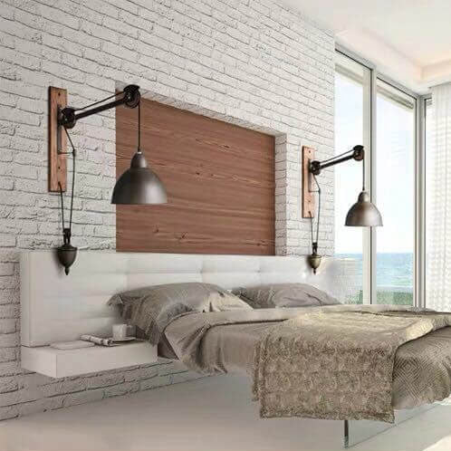 Applique murale 1 lumière vintage industrielle en fer avec abat-jour conique et cordelette en bois massif 