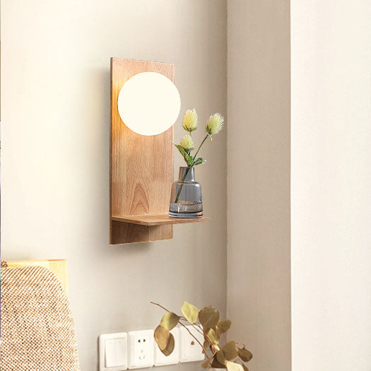 Moderne nordische 1-flammige Wandleuchte mit Glaskugel, Holz und quadratischer Basis für Schlafzimmer und Wohnzimmer 