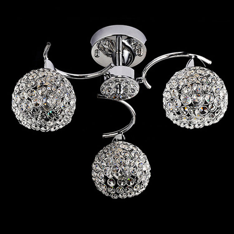 Modern Art Deco Round Hollowed Out Orb Iron Crystal 3-Light Semi-Flush Mount Ceiling Light For Living Room