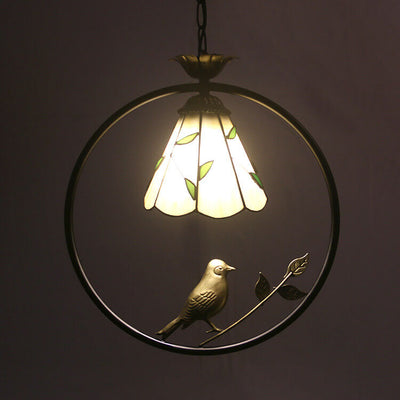 Vintage Tiffany Round Iron Stained Glass Bird 1-Light Pendant Light